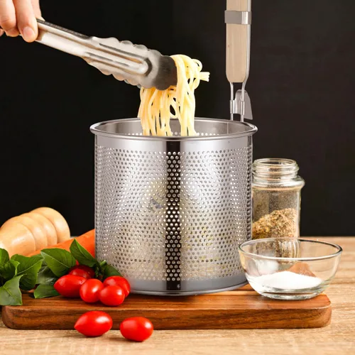 Vista 5 de Angoily Colador de pasta de malla de 1 galón de acero inoxidable de 6.5 pulgadas de profundidad, colador de olla caliente con mango de madera, 3.7 L