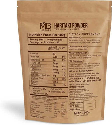 Vista 2 de MB Herbals Haritaki Powder 3.5 oz / 100 gramos Polvo de nuez de tinta Terminalia chebula Harde Mirobalan chebulico Sin conservantes