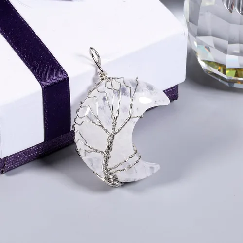 Vista 3 de TUMBEELLUWA 2 collares de árbol de la vida envueltos en alambre de cristal natural con piedra curativa de media luna para pareja