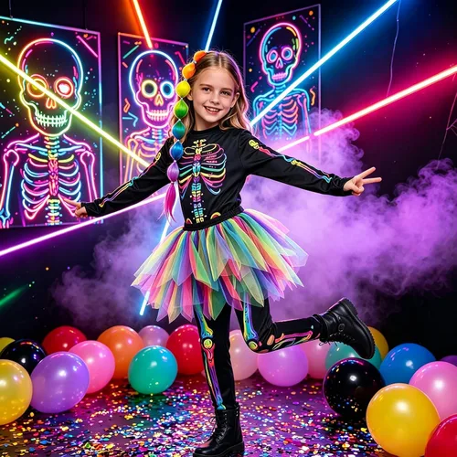 Vista 7 de Disfraz de esqueleto para niñas, vestido tutú que brilla