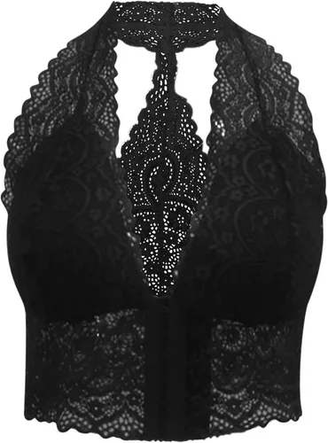 Vista 4 de Sujetador sexy de encaje hueco para mujer, brasier cómodo con cierre frontal halter, brasier push up inalámbrico de cobertura completa