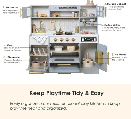 Vista 3 de Cocina de madera de juguete para niños – Juego de cocina de simulación con estufa realista, fregadero, cafetera, máquina de hielo, cocina de juguete