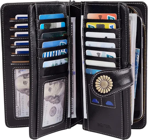 Vista 2 de INSIFEEL Billetera pequeña para mujer, bolso compacto de cuero con bloqueo RFID RFID para mujer, Negro, Retro