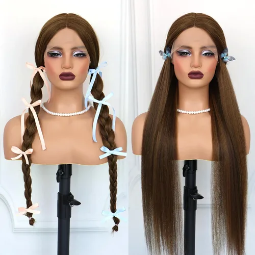 Vista 4 de Pelucas de encaje frontal sintético lacio marrón, sin pegamento, línea de cabello natural, con reflejos marrones, pelucas de encaje sintético marrón