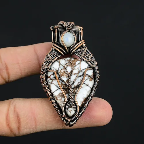 Vista 16 de Impresionante collar con colgante de árbol de la vida de cobre con piedras preciosas hechas a mano y cadena de 20 pulgadas, perfecto