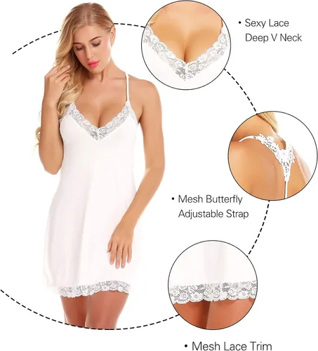 Vista 4 de RSLOVE - Ropa de dormir de lencería y encaje tipo baby doll para mujer, diseño de camisón con cuello en V