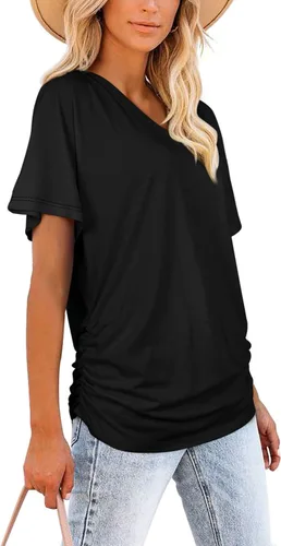 Vista 3 de WIHOLL - Camisetas de manga corta con cuello en V para mujer, holgadas, con fruncido lateral