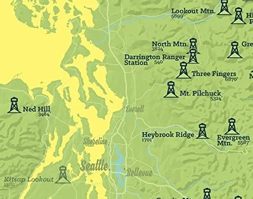 Vista 2 de Mapa de miradores de incendios de Washington, 11 x 14 pulgadas, estampado (verde y amarillo)