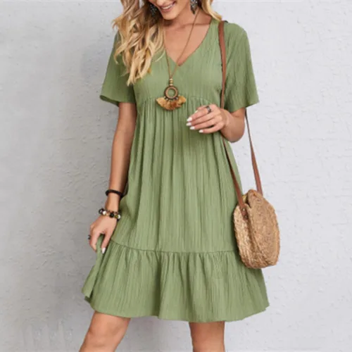 Vista 2 de PHILISENMALL Women Short Sleeve Casual Dress Summer Loose Swing Dress Solid Color Soft Skirt for Casual Daily School Working
