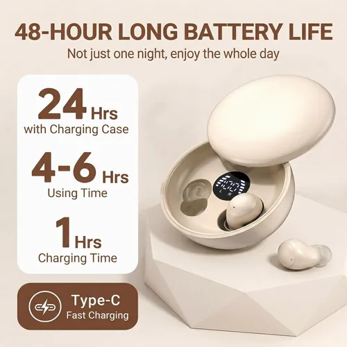 Vista 5 de Auriculares para dormir, mini auriculares inalámbricos invisibles para canales auditivos pequeños, auriculares Bluetooth ergonómicos con sonido Beige