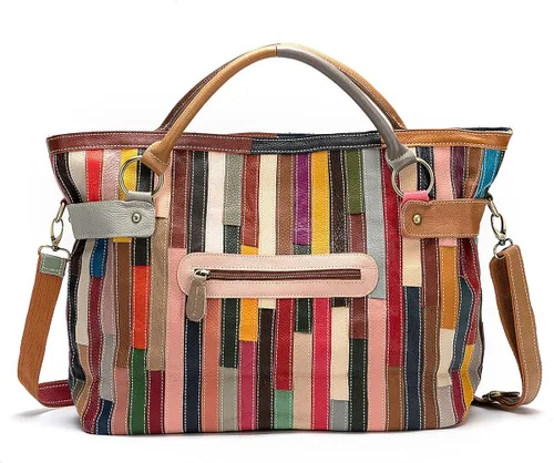 Vista 6 de Bolso de mano de cuero genuino para mujer multicolor con retazos huecos bolsos de mano