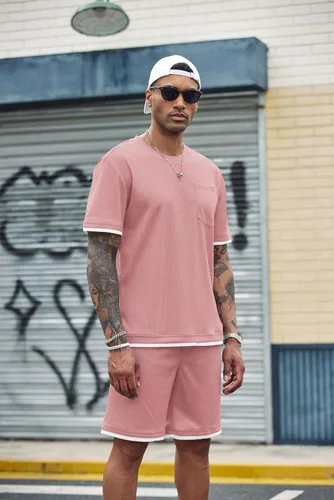 Vista 16 de COOFANDY Conjunto de camisa y pantalones cortos de gofre para hombre, conjunto de 2 piezas, conjunto casual de verano con bolsillos