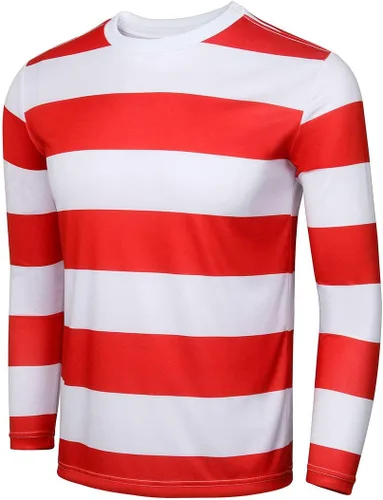 Vista 3 de Conjunto de traje de camiseta a rayas rojas y blancas para hombres y adultos, con gafas, sombrero, disfraz de Halloween, cosplay, fiesta, accesorios