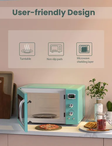 Vista 8 de SIMOE Horno microondas retro 0.9 pies cúbicos, 900W Compacto de encimera con 5 niveles de microondas y 8 funciones de cocción automática, bloqueo