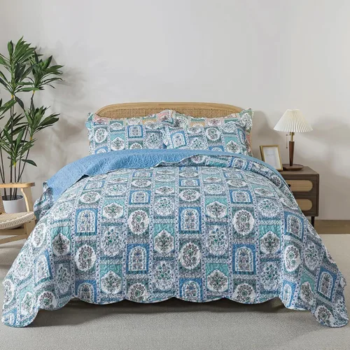 Vista 18 de Juego de cama de dos piezas, tamaño individual, de microfibra, reversible, de retazos, estilo floral, todas las estaciones, patrón de porcelana azul