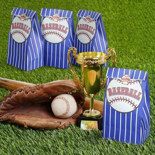 Vista 6 de Outus 30 bolsas de regalo de béisbol, bolsas de papel azules con calcomanías para fiestas temáticas de equipo, decoración de cumpleaños, celebración