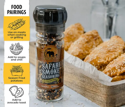 Vista 4 de African Dream Foods Mezcla de condimentos con humo Safari con pimientos ahumados, sal marina Ideal para carne, pollo, verduras Molinillo