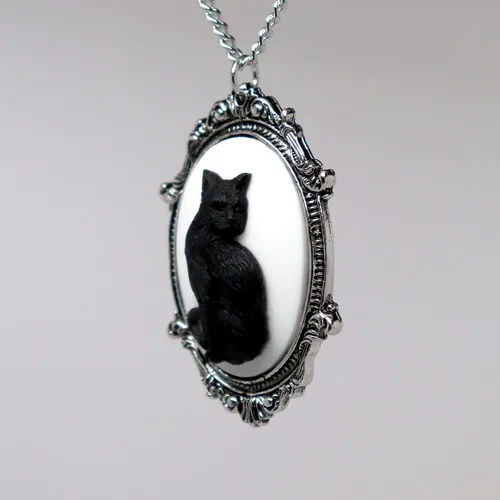 Vista 4 de Real Metal Juego de camafeo de gato negro en plata acabado estaño marco gótico colgante collar, Metal