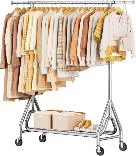 Vista 11 de Perchero resistente para colgar ropa, estante para ropa con dobles varillas y ruedas bloqueables, perchereros enrollables de metal resistentes