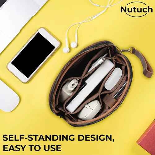 Vista 5 de Bolso de cuero para tecnología con cables y cargadores Bolso de tecnología Bolso de accesorio de viaje con cremallera Estuche organizador