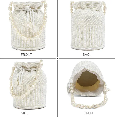 Vista 4 de Aheli Bolsas Potli blancas para mujer, bolso de noche étnico con cordón (P98W), Blanco