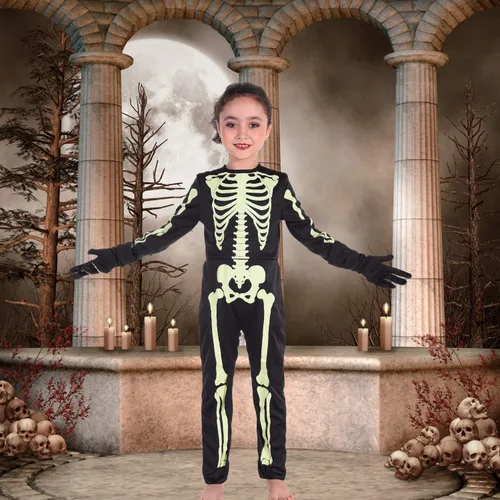 Vista 8 de Disfraz de esqueleto con brillo en la oscuridad para niños, niños pequeños, vestido de fiesta de Halloween para niñas y niños