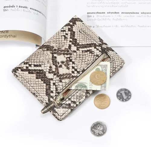 Vista 3 de Billetera pequeña de cuero plegable para mujer, mini monedero corto