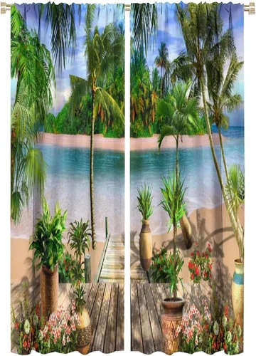 Vista 23 de Cortinas de playa con estampado de plantas tropicales y árboles de coco, paisaje natural, con bolsillo para barra, 2 paneles, decoración