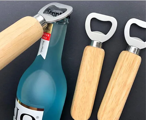 Vista 2 de Abrebotellas de cerveza de 3 piezas, abrebotellas con mango de madera personalizado, abridor de botellas de cerveza para herramientas de tapa