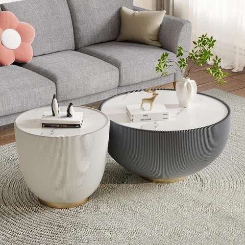 Vista 15 de Mesa auxiliar redonda de 29.53 pulgadas, mesas de cóctel modernas con textura vertical decorativa, mesas centrales de cuenco negro de 29.53