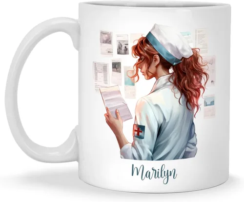 Vista 20 de Enfermera con equipos médicos Tazas de café, Taza de cerámica de enfermería con nombre personalizado, Taza de café asistente médica, Regalo