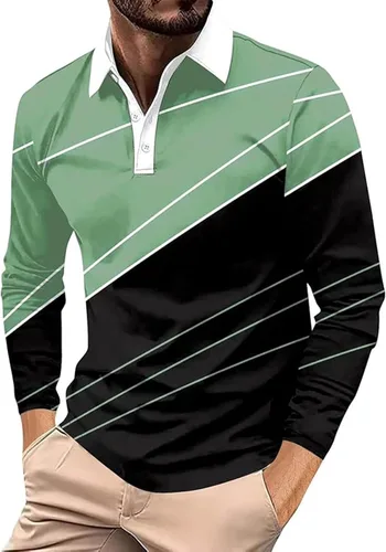 Vista 19 de Camisa polo para hombre, manga larga, cuello abotonado, bloque de color, moda para trabajo y golf