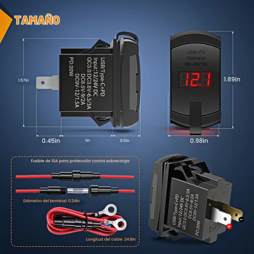 Vista 2 de Nilight Interruptor de palanca con salida USB, voltímetro LED, conector rápido 12V PD tipo C y USB QC 3.0 para automóviles, reemplazo con fusible
