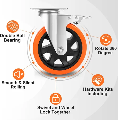 Vista 2 de W B D WEIBIDA 6 inch Caster Wheels with Dual Locking, Casters Set of 4 Heavy Duty of 2400lbs, Premium Polyurethane No Noise Wheels for Cart