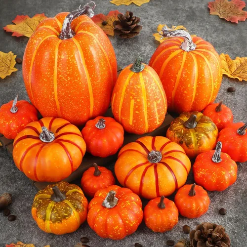 Vista 3 de Ywlake 16 piezas de calabazas de otoño, decorativas grandes y pequeñas para exteriores, de espuma naranja, de plástico, falsas, calabazas