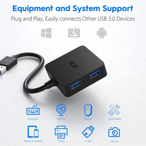 Vista 4 de ICZI central de USB con 4 puertos USB 3.0, central de datos para Mac, Windows y otras laptops., Negro