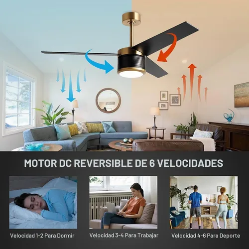 Vista 3 de reiga Ventilador de techo moderno de 52 pulgadas con luz, 3 aspas, motor CC negro y dorado, ventiladores de techo de madera, compatible con control