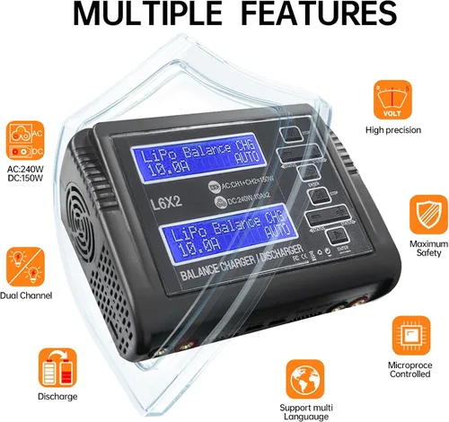 Vista 3 de LiPo Cargador de batería Dual RC Cargador de batería Descargador 240W 10A para 1-6S LiPo LiHV Li-ion Life 1-15S NiCD NiMH PB Baterías inteligentes