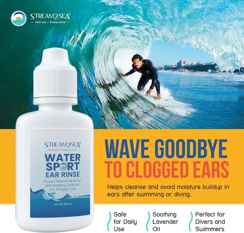Vista 2 de Stream2Sea Water Sport - Enjuague de oídos para nadadores, buceadores y surfistas, 1 onza líquida, gotas naturales biodegradables para los oídos