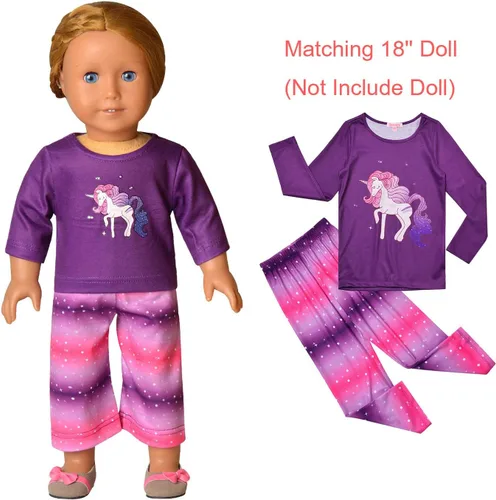 Vista 6 de QPANCY Conjunto de pijamas a juego para niñas y muñecas, pijamas de manga larga para otoño e invierno