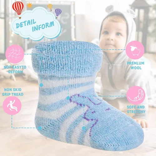 Vista 4 de 6 pares de calcetines antideslizantes para bebés, niños y niñas, calcetines cálidos de lana gruesa y suave con empuñaduras