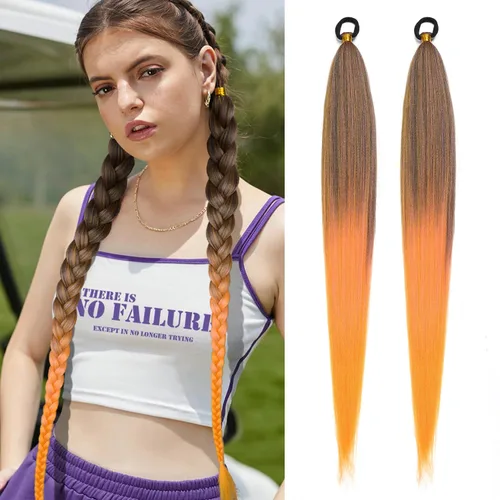 Vista 32 de Paquete de 2 extensiones de cola de caballo trenzada con lazo elástico, lacio, elegante envolvente, extensiones de cola de caballo de 26 pulgadas