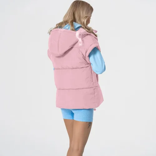 Vista 26 de Shiyifa Chaleco acolchado para mujer, chaqueta de gran tamaño, sin mangas, ligera, con cremallera, con capucha desmontable