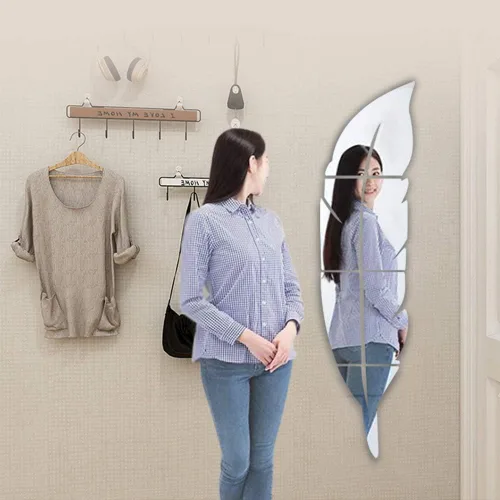 Vista 9 de SITAKE Adhesivos decorativos de pared de espejo acrílico 3D, 11.8 x 49.2 pulgadas, con forma de plumas, calcomanías de arte de pared autoadhesivas