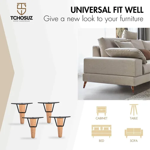 Vista 5 de Juego de 4 patas de madera maciza para muebles de 5 pulgadas, juego de 4 patas de repuesto de placa superior triangular de metal moderno de mediados