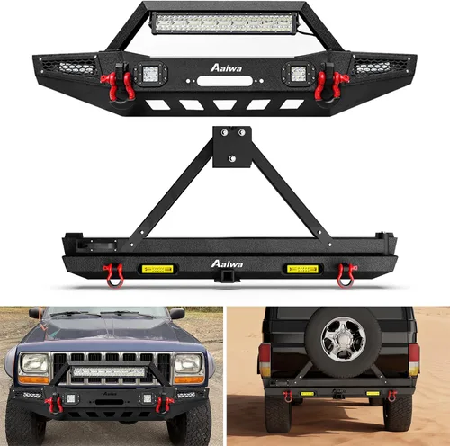 Vista 9 de Parachoques delantero para Cherokee XJ, AAIWA parachoques de acero con barra de luz LED y soporte de placa de cabrestante compatible con Cherokee XJ