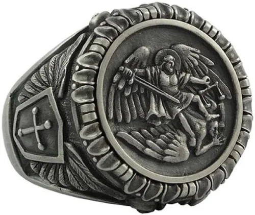 Vista 3 de Anillo de San Miguel para hombre, anillo vintage con escudo cruzado, anillo de alas de ángel vikingo, anillo de San Miguel Arcángel, anillo