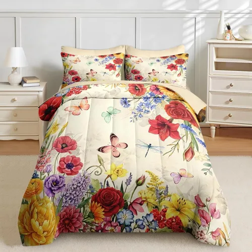 Vista 3 de Nesker Juego de edredón de primavera de 5 piezas, tamaño individual, juego de ropa de cama floral con mariposas para niños y adultos, juego