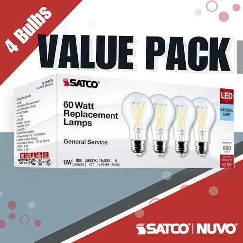 Vista 5 de Satco S12465 8A19/CL/LED/E26/950/4PK/120V, 8 Watt A19 LED; Clear; 5000K; Medium Base; 120 Volt; for use at Residential, Hospitality, Retail