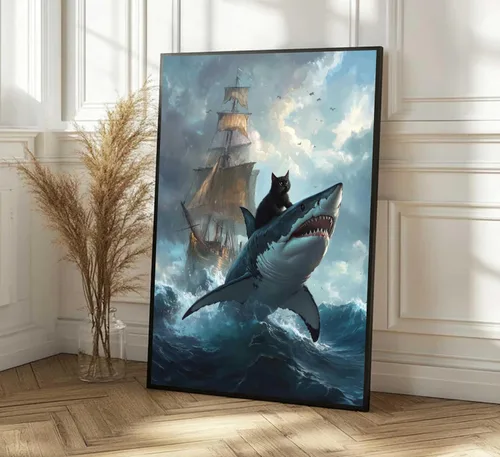 Vista 5 de Marco negro de dibujos animados lindo gato negro arte de pared retro gato negro contra tiburón, divertido póster con impresión de gato extravagante